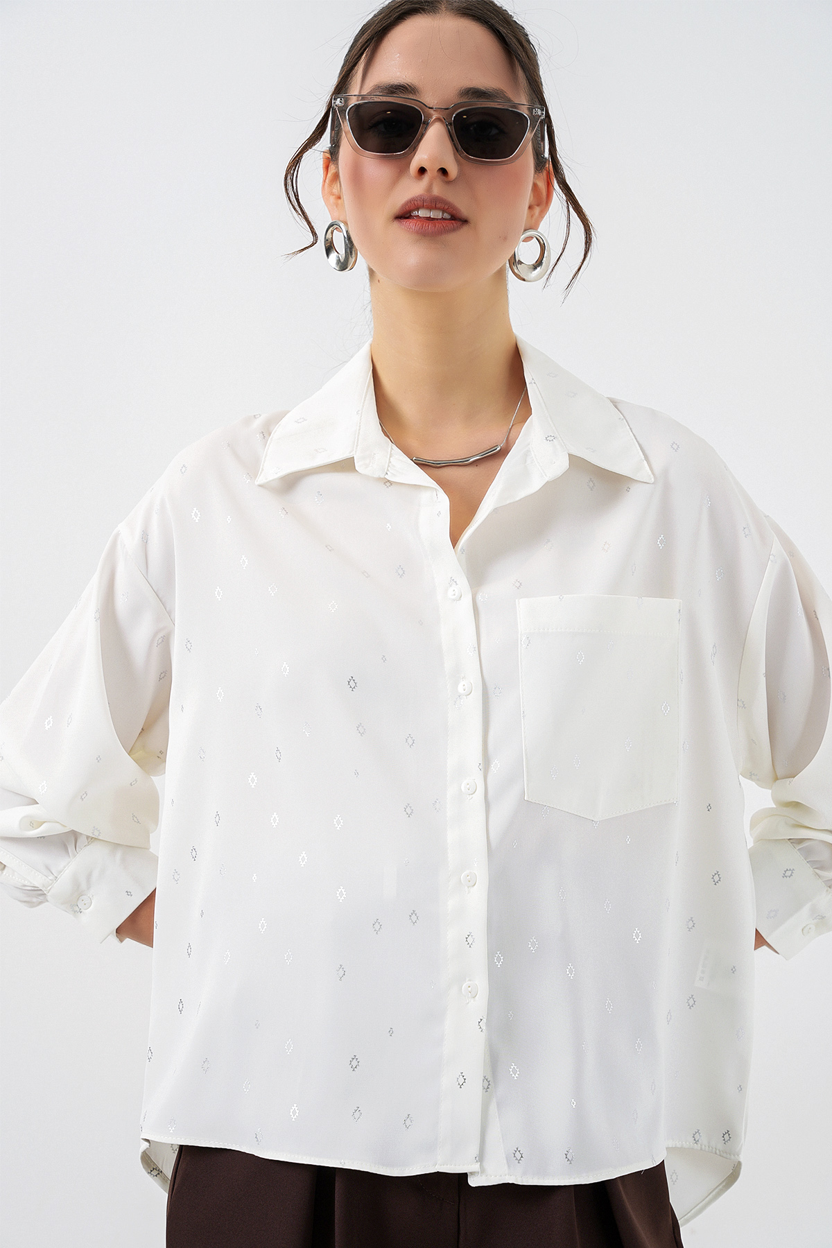 Kadın Desenli Oversize Gömlek 20361 - Gümüş