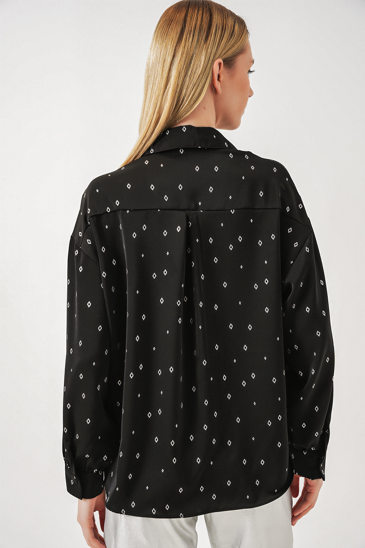 Kadın Desenli Oversize Gömlek 20361 - Siyah - Gümüş