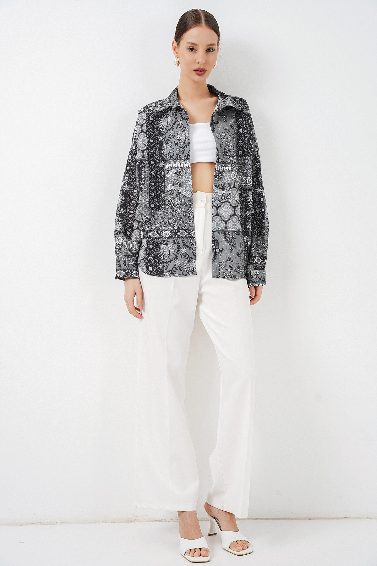 Women's Oversize Patterned Satin Shirt 20365 