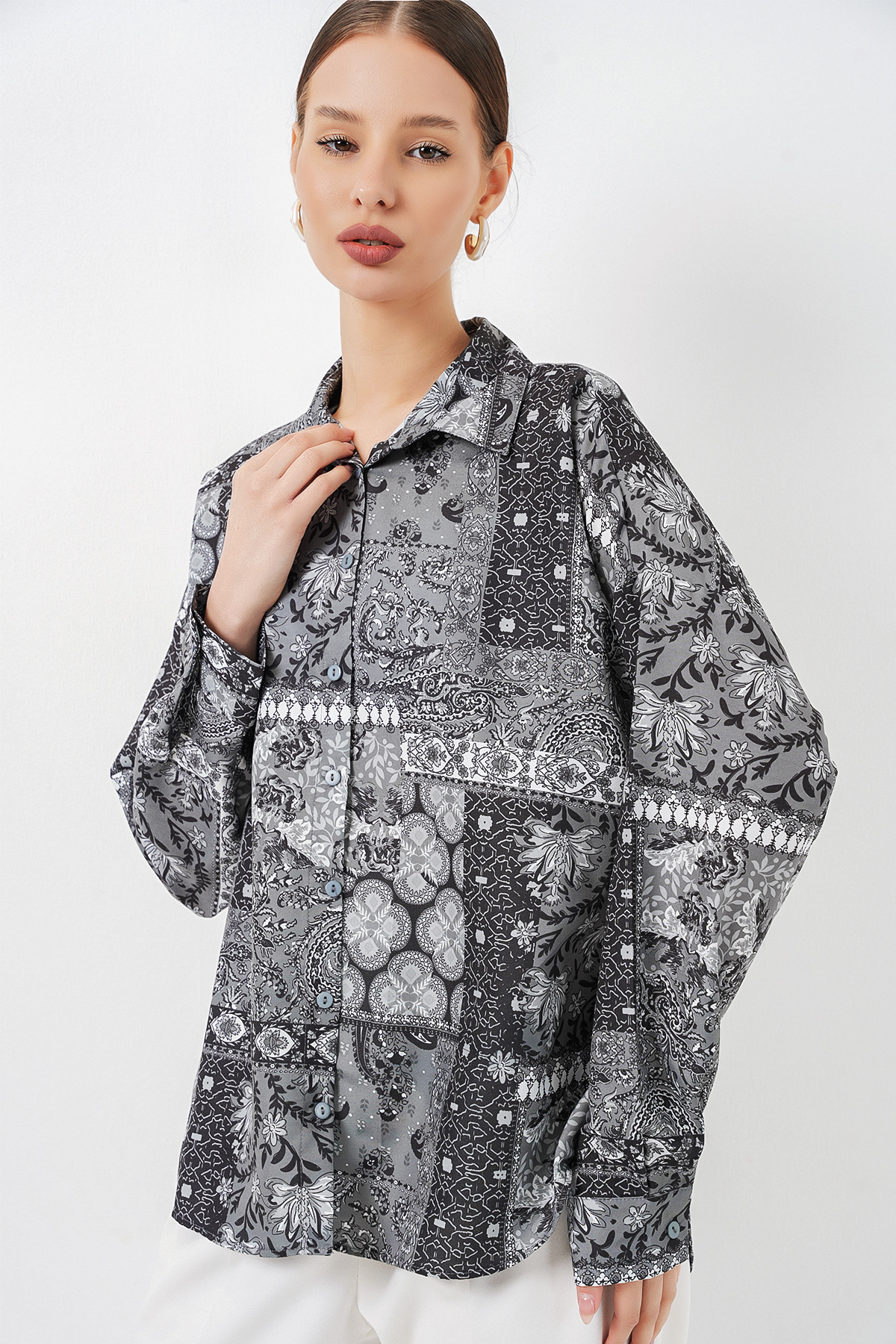Women's Oversize Patterned Satin Shirt 20365 