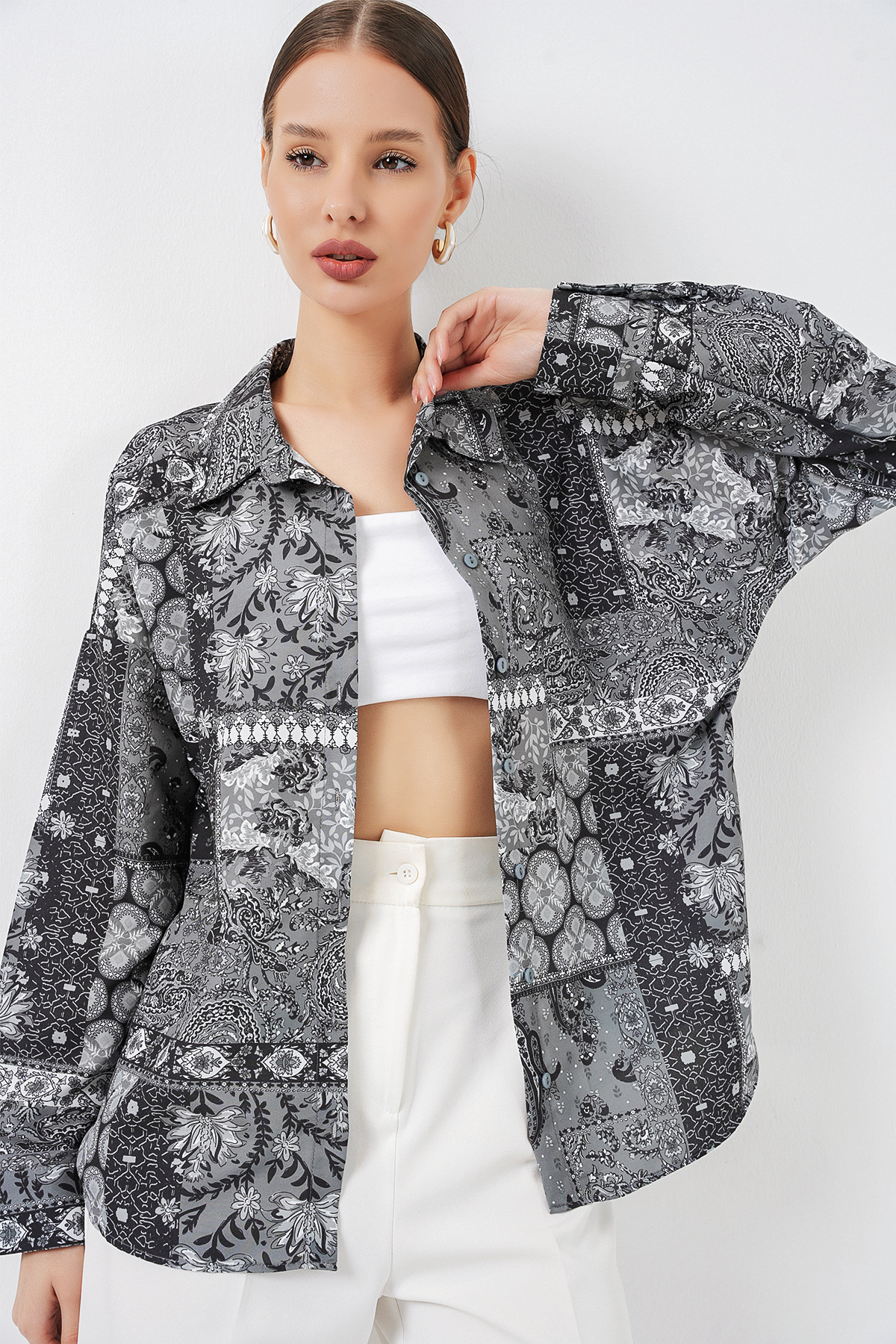 Women's Oversize Patterned Satin Shirt 20365 