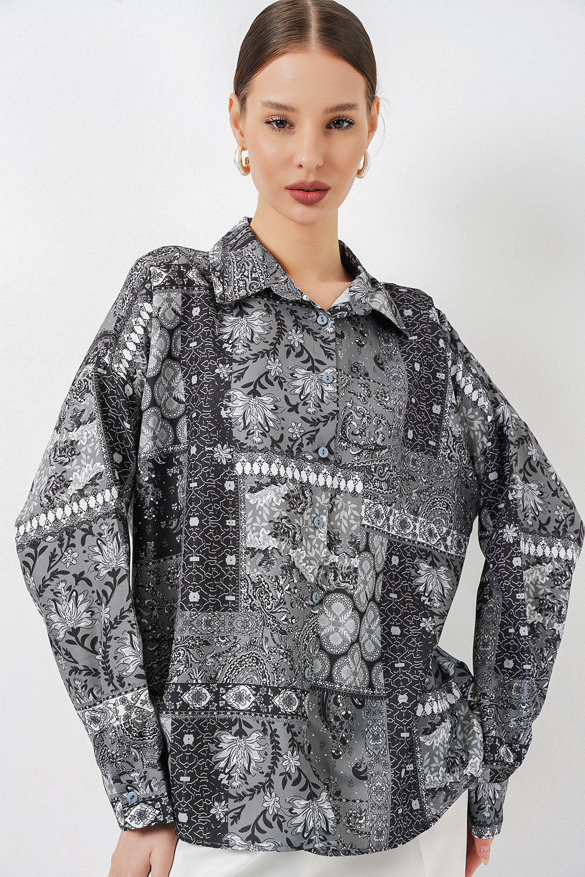 Women's Oversize Patterned Satin Shirt 20365 