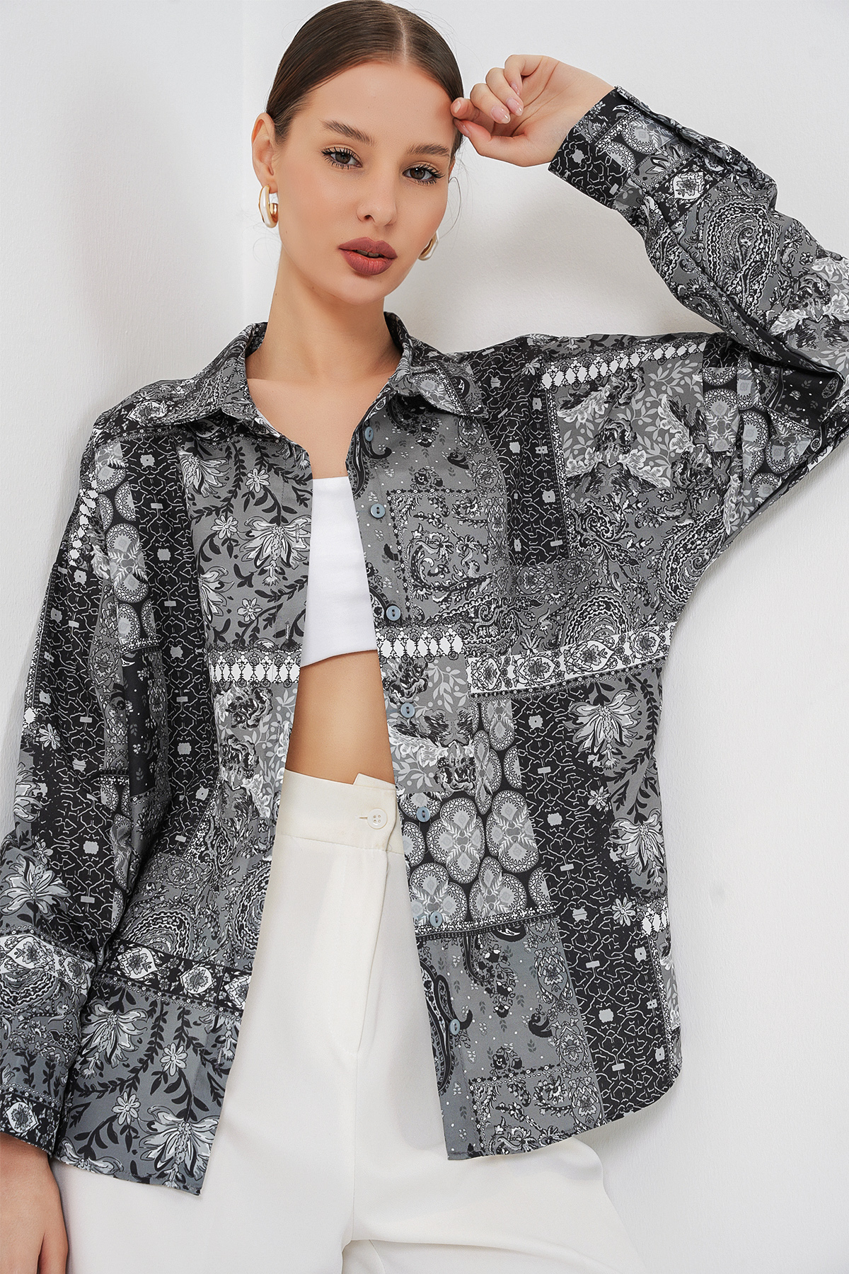 Women's Oversize Patterned Satin Shirt 20365 