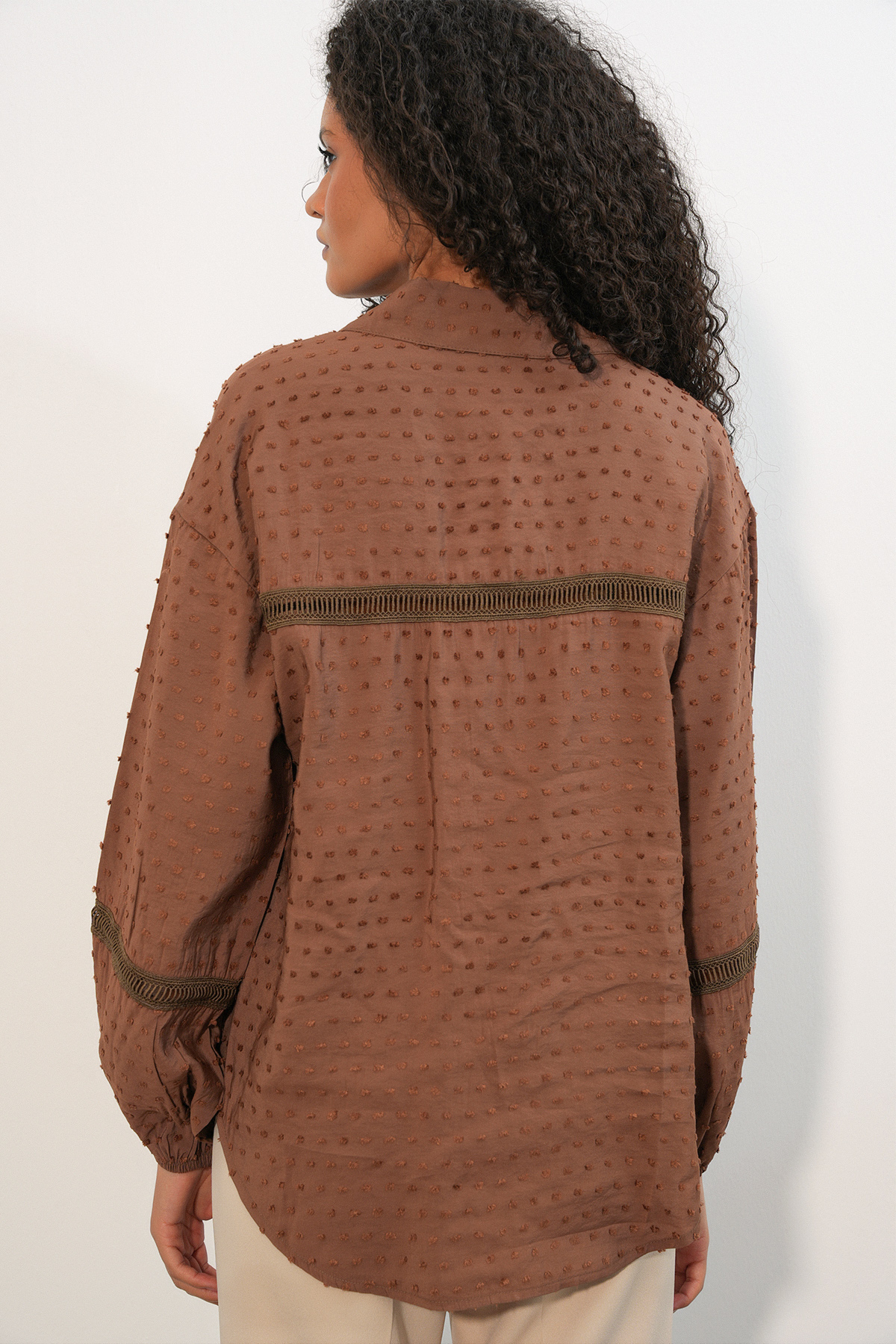 Kadın Oversize Desenli Gömlek 20379 - Taba