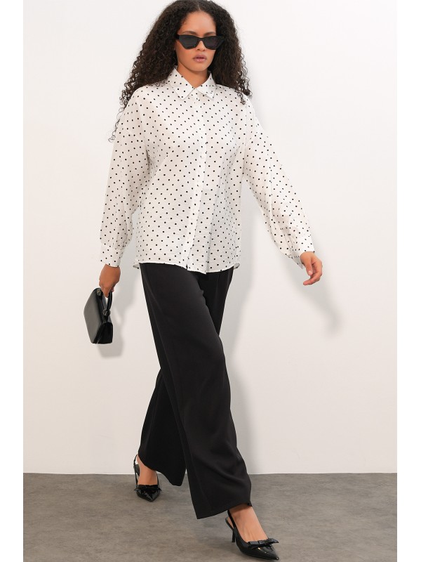 Kadın Oversize Puantiyeli Gömlek 20392 - Beyaz