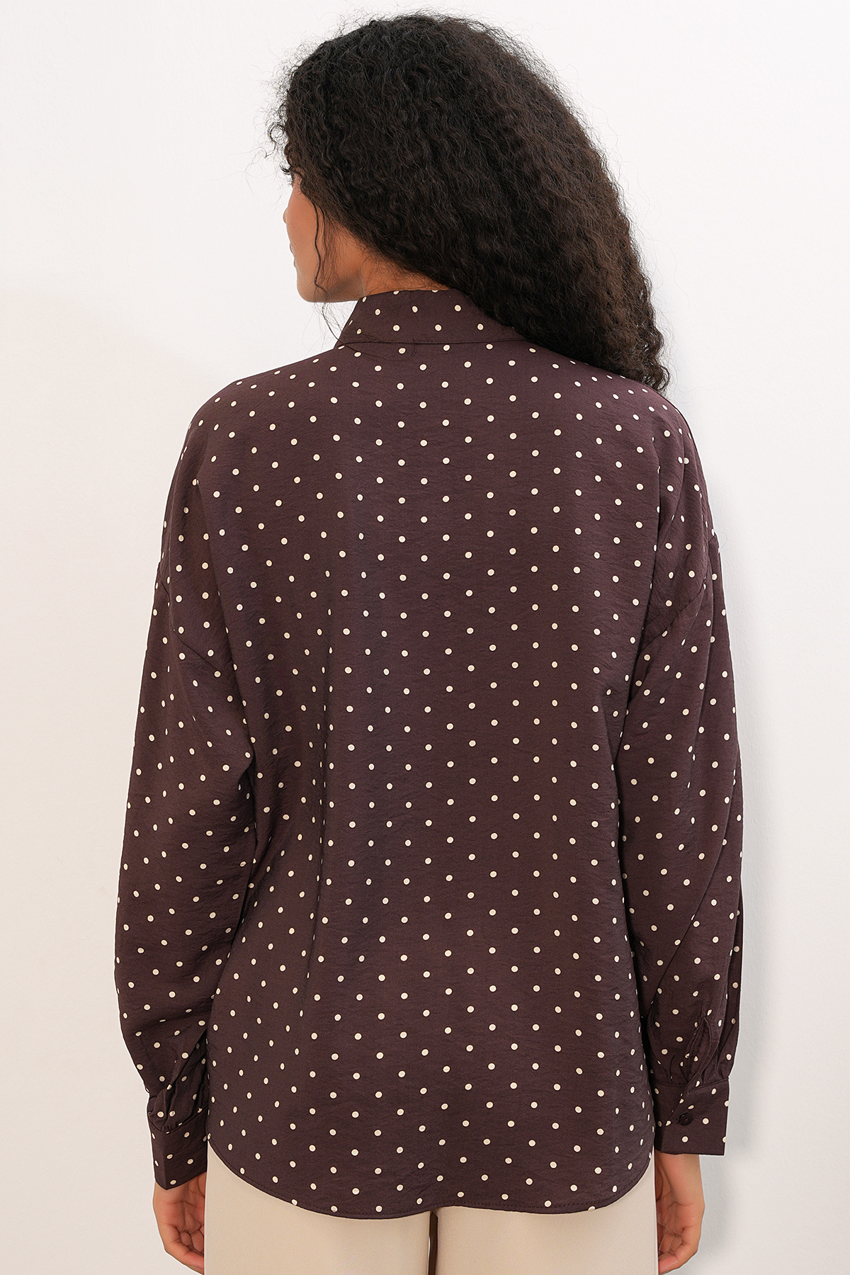Kadın Oversize Puantiyeli Gömlek 20392 - Kahverengi