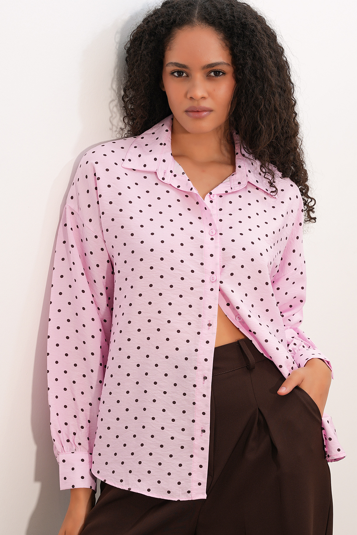 Kadın Oversize Puantiyeli Gömlek 20392 - Pembe