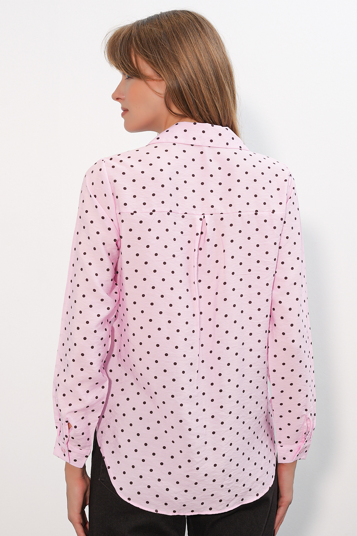 Kadın Tek Cepli Puantiyeli Oversize Gömlek 20399 - Pembe