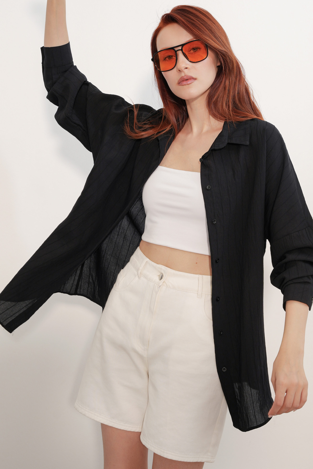 Women's Striped Detail Oversize Shirt 20407 