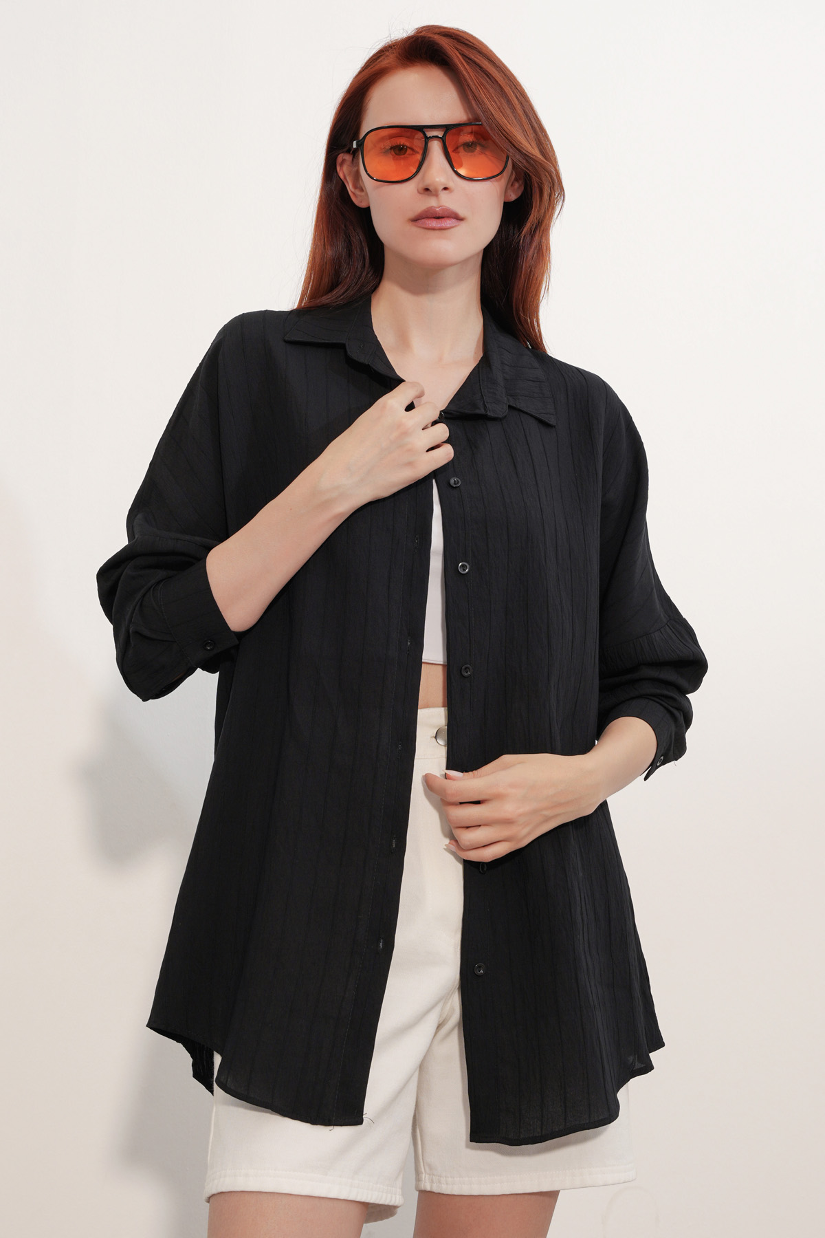 Women's Striped Detail Oversize Shirt 20407 