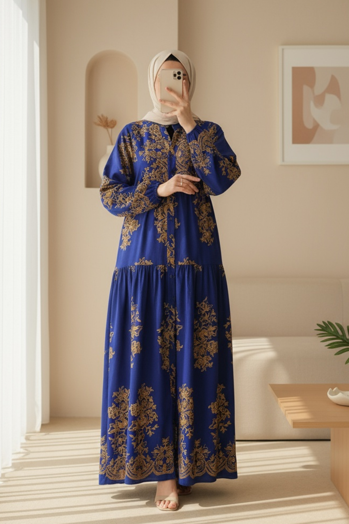 Saks Gold Desenli Tesettür Elbise 2423