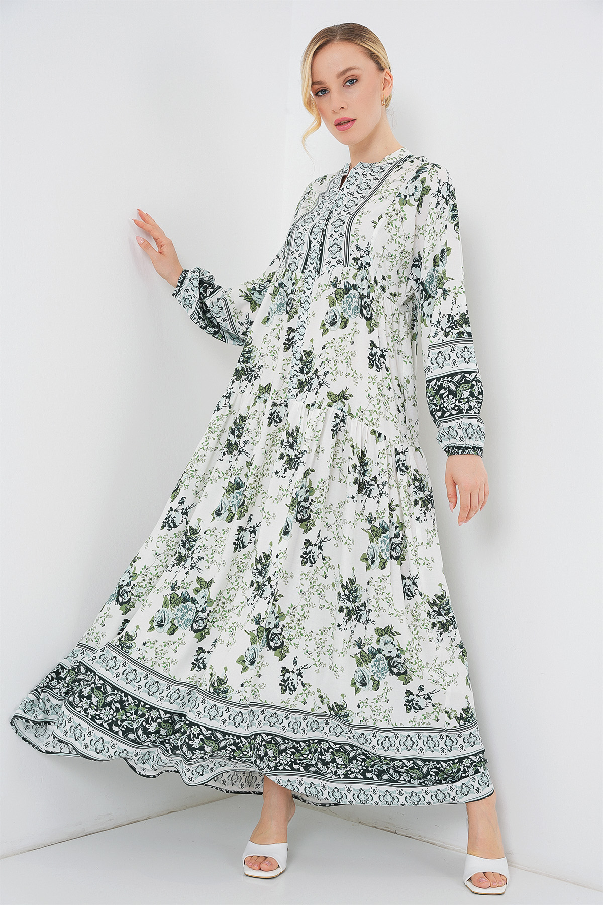 Women's Green White Navy Blue Viscose Hijab Dress 2423