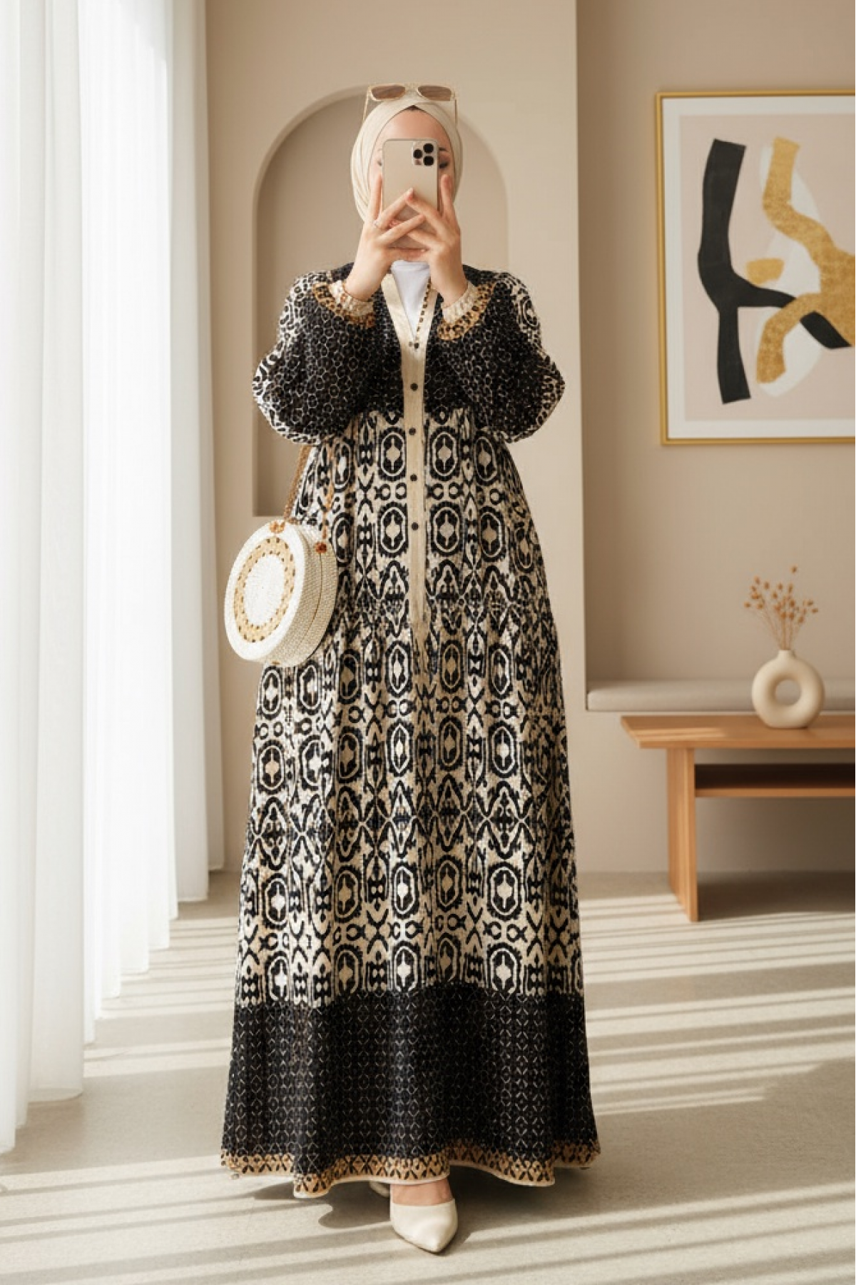 Women's Black Cream Patterned Viscose Hijab Dress 2423