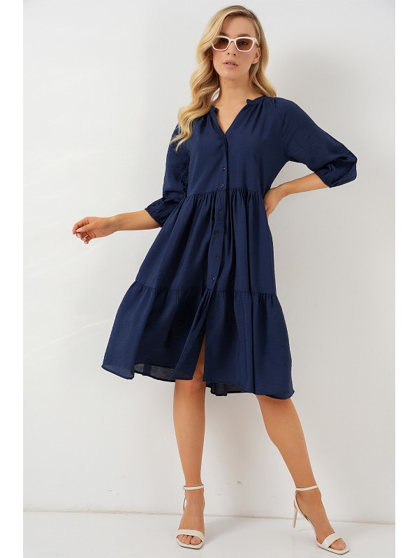 Kadın Düğmeli Kısa Kol Elbise 2559 - Lacivert