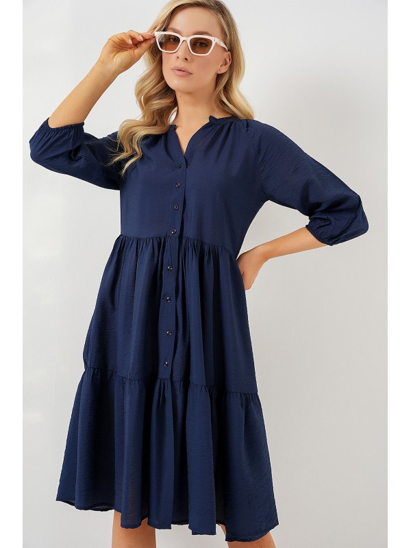 Kadın Düğmeli Kısa Kol Elbise 2559 - Lacivert