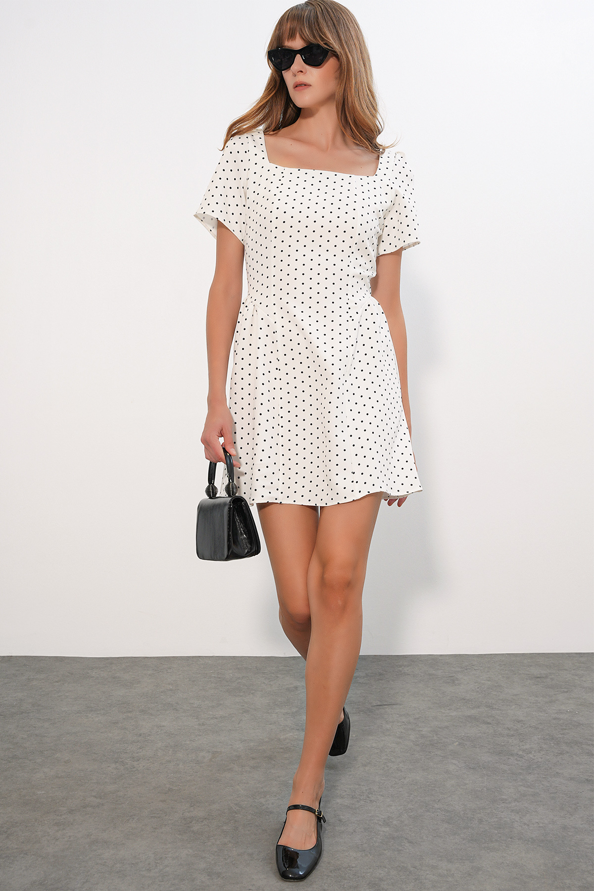 Women's Polka Dot Square Neck Short Sleeve Mini Dress 2604 