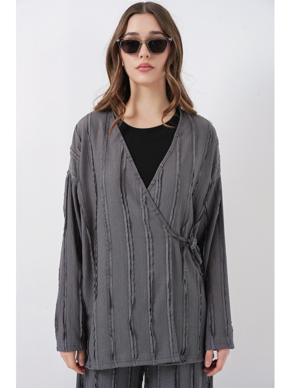 Kadın Örme Kimono Pantolon İkili Takım 30067 - Gri