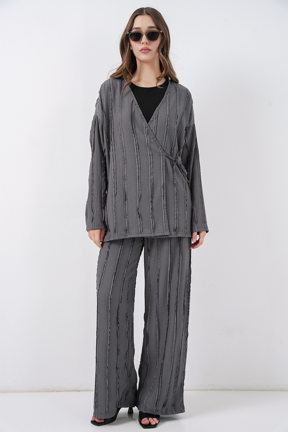 Kadın Örme Kimono Pantolon İkili Takım 30067 - Gri