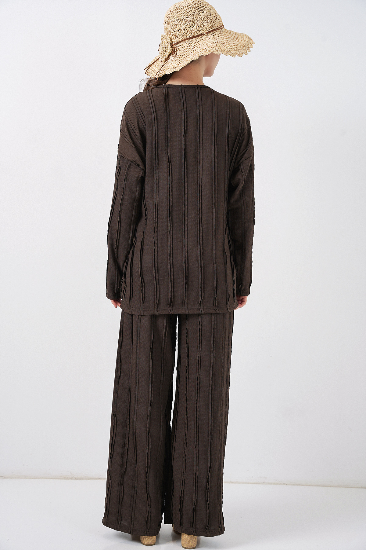 Kadın Örme Kimono Pantolon İkili Takım 30067 - Kahverengi