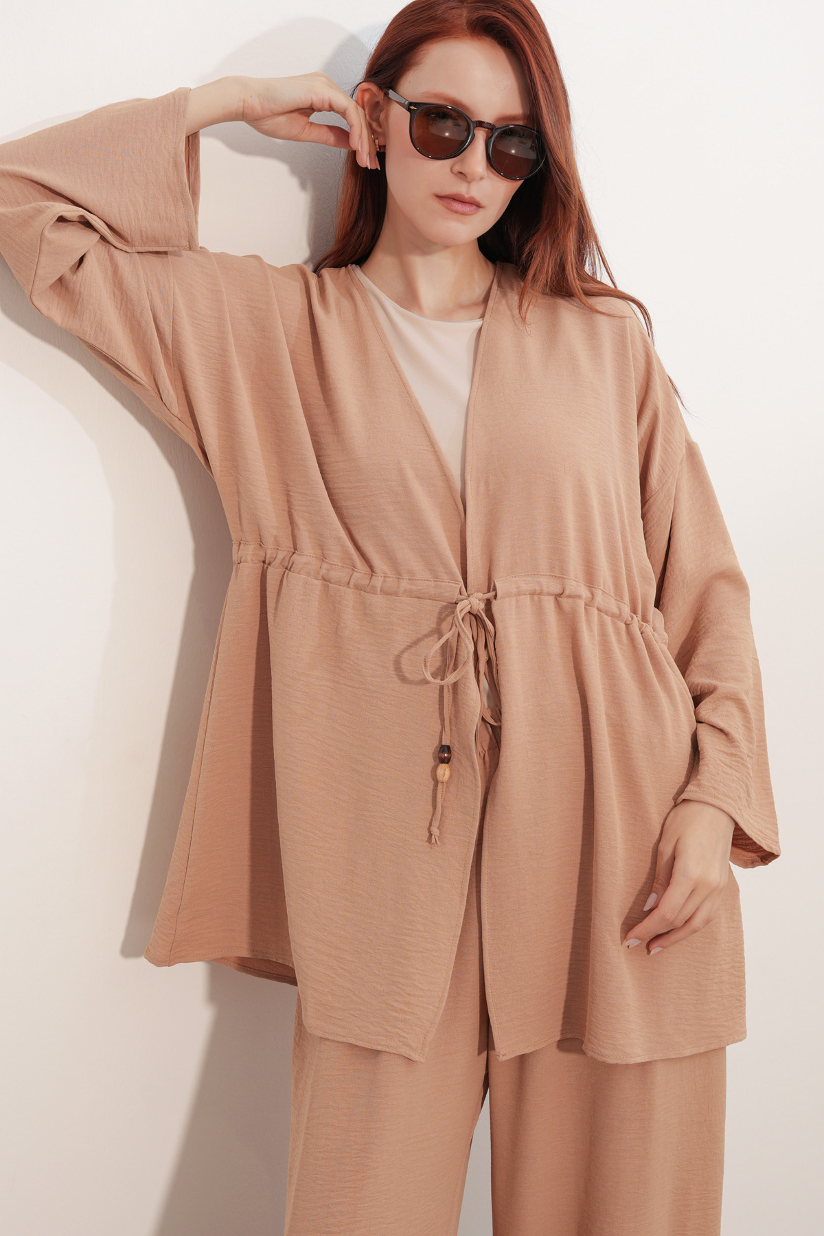 Kadın Ayrobin Kimono Pantolon İkili Takım 30101 - Vizon