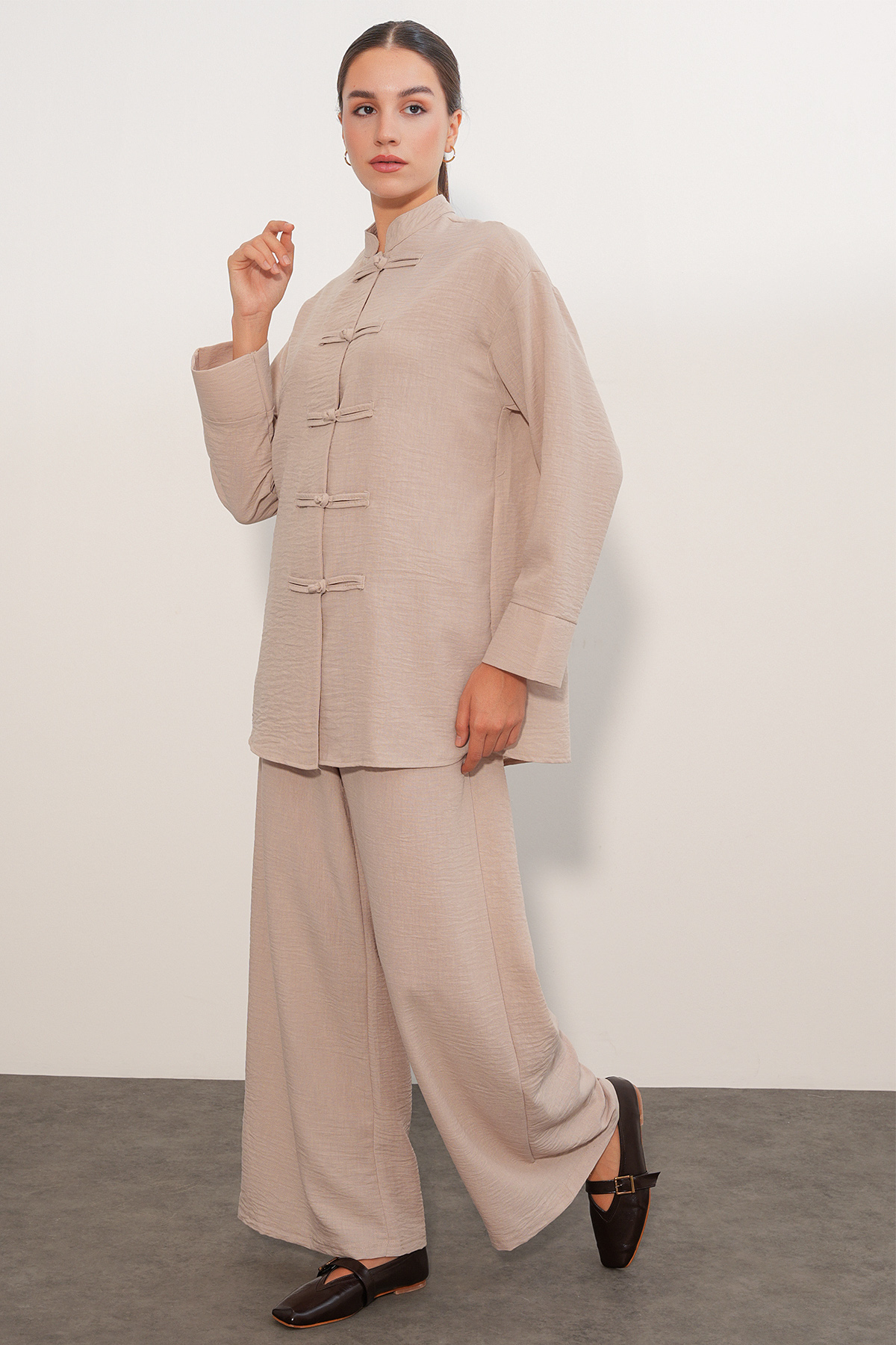 Kadın Oversize Gömlek Pantolon Keten İkili Takım 30126 - Bej