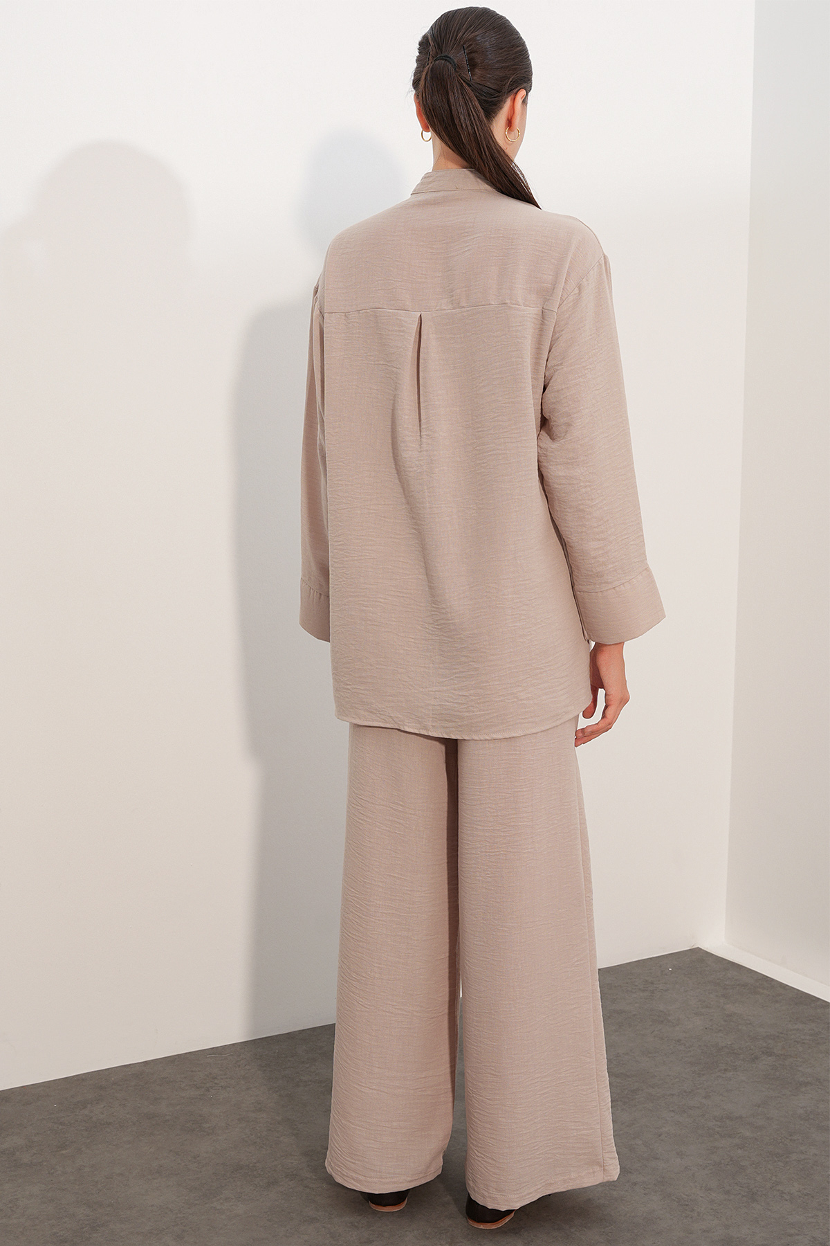Kadın Oversize Gömlek Pantolon Keten İkili Takım 30126 - Bej