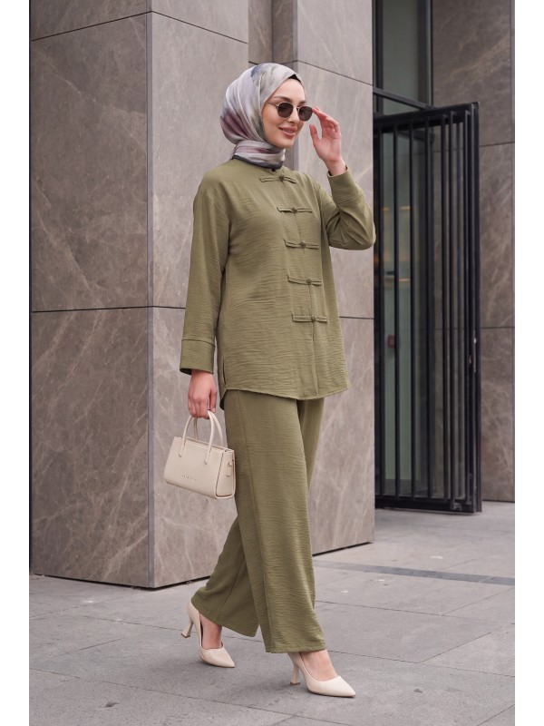 Kadın Oversize Gömlek Pantolon Keten İkili Takım 30126 - Haki