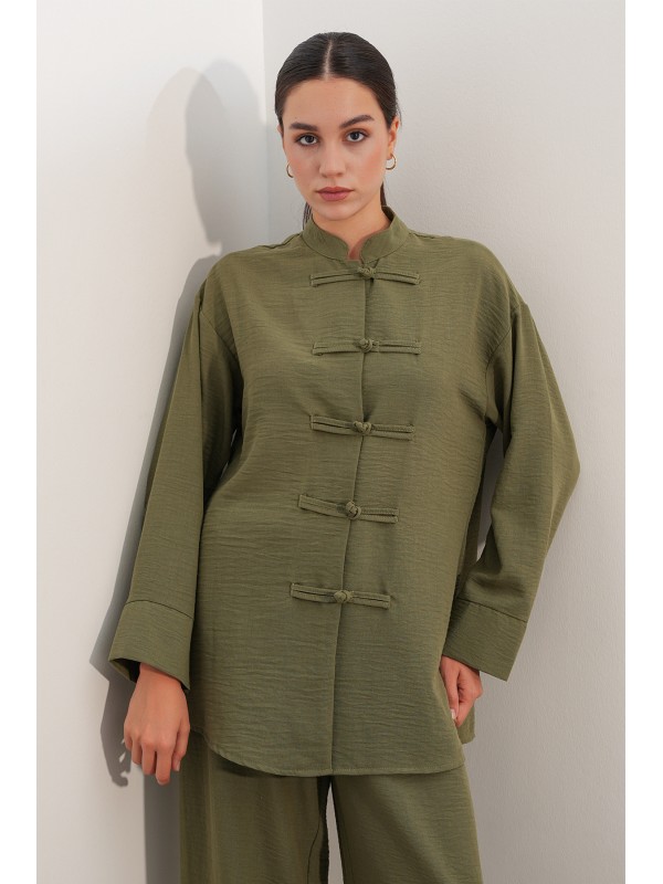 Kadın Oversize Gömlek Pantolon Keten İkili Takım 30126 - Haki