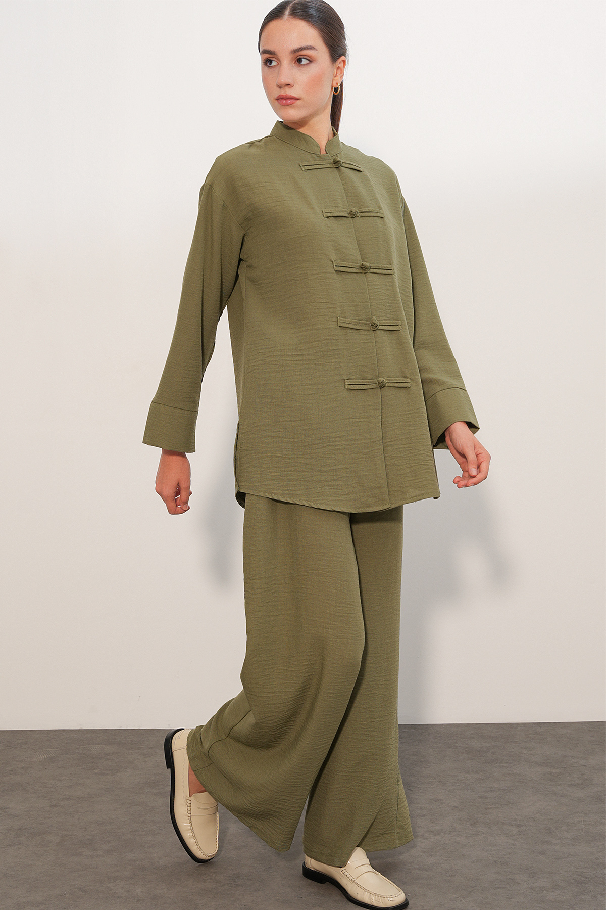 Kadın Oversize Gömlek Pantolon Keten İkili Takım 30126 - Haki