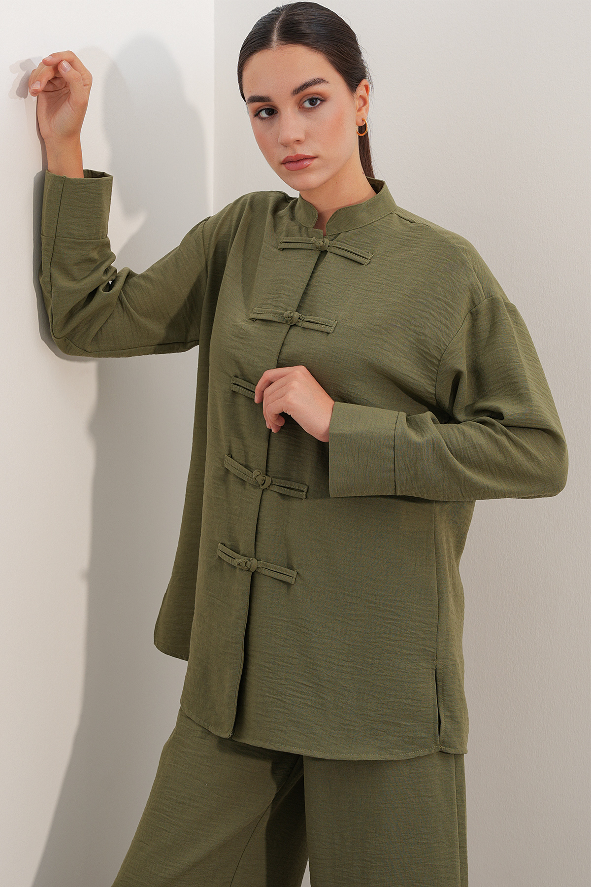 Kadın Oversize Gömlek Pantolon Keten İkili Takım 30126 - Haki