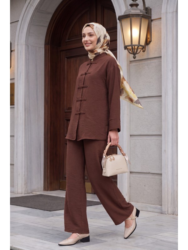 Kadın Oversize Gömlek Pantolon Keten İkili Takım 30126 - Kahverengi