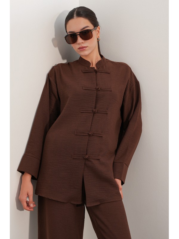 Kadın Oversize Gömlek Pantolon Keten İkili Takım 30126 - Kahverengi