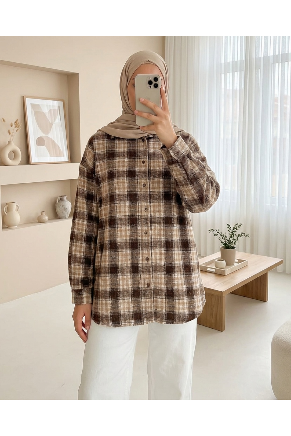 Kadın Ekose Desen Oversize Oduncu Gömlek 3854 - E. Kahve