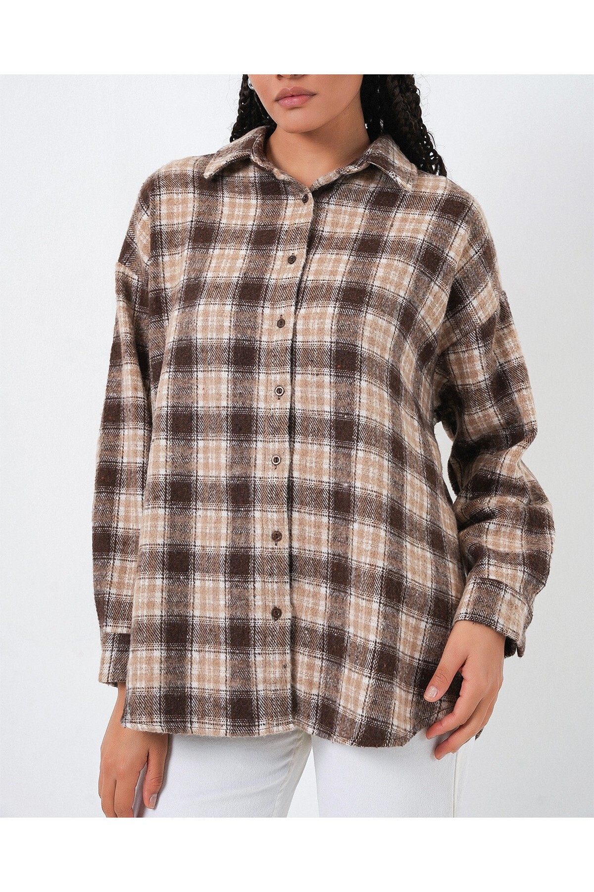 Kadın Ekose Desen Oversize Oduncu Gömlek 3854 - E. Kahve