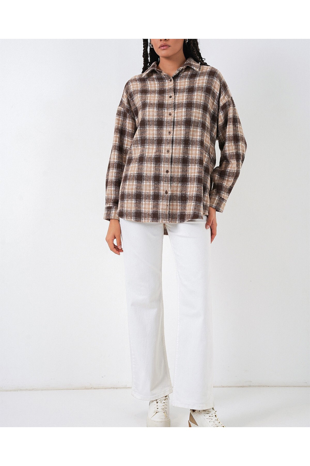 Kadın Ekose Desen Oversize Oduncu Gömlek 3854 - E. Kahve
