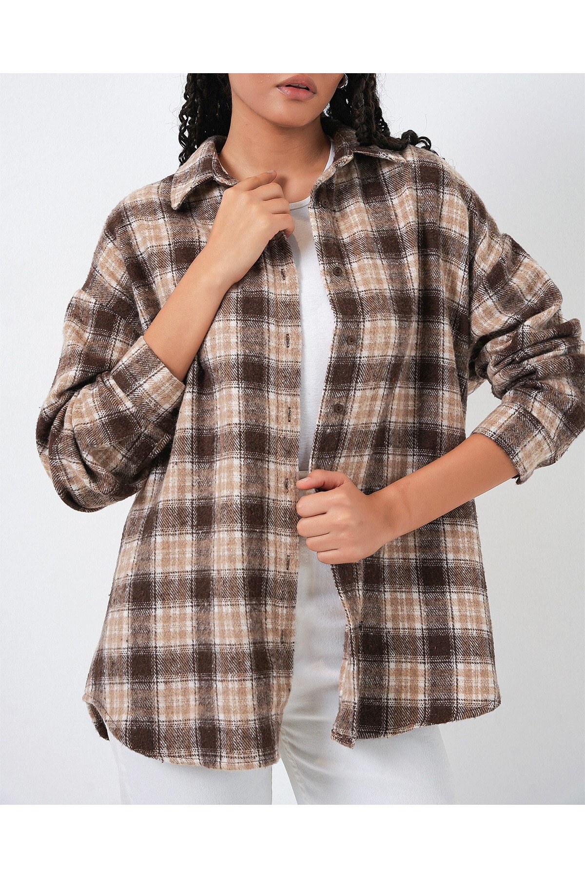 Kadın Ekose Desen Oversize Oduncu Gömlek 3854 - E. Kahve