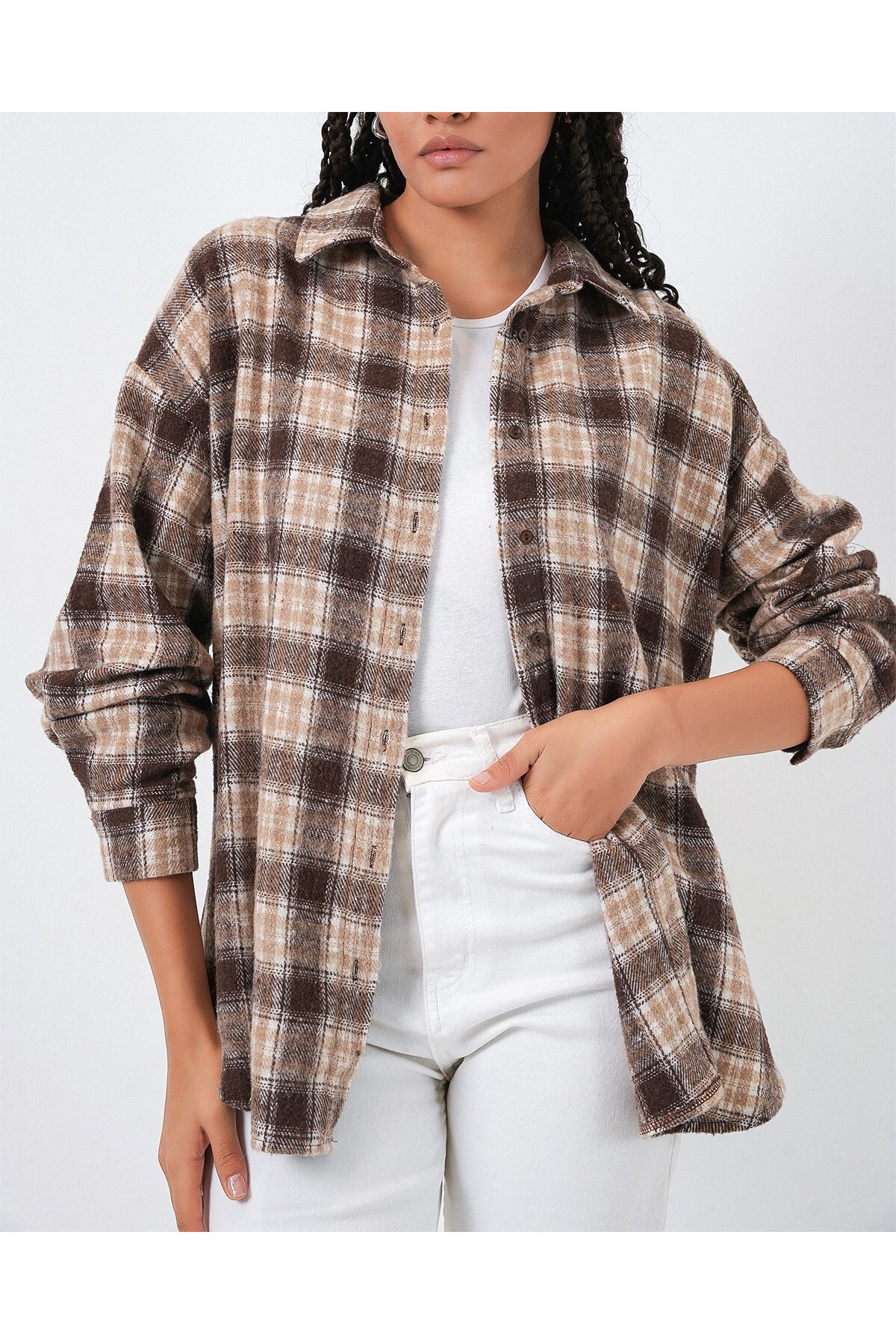 Kadın Ekose Desen Oversize Oduncu Gömlek 3854 - E. Kahve