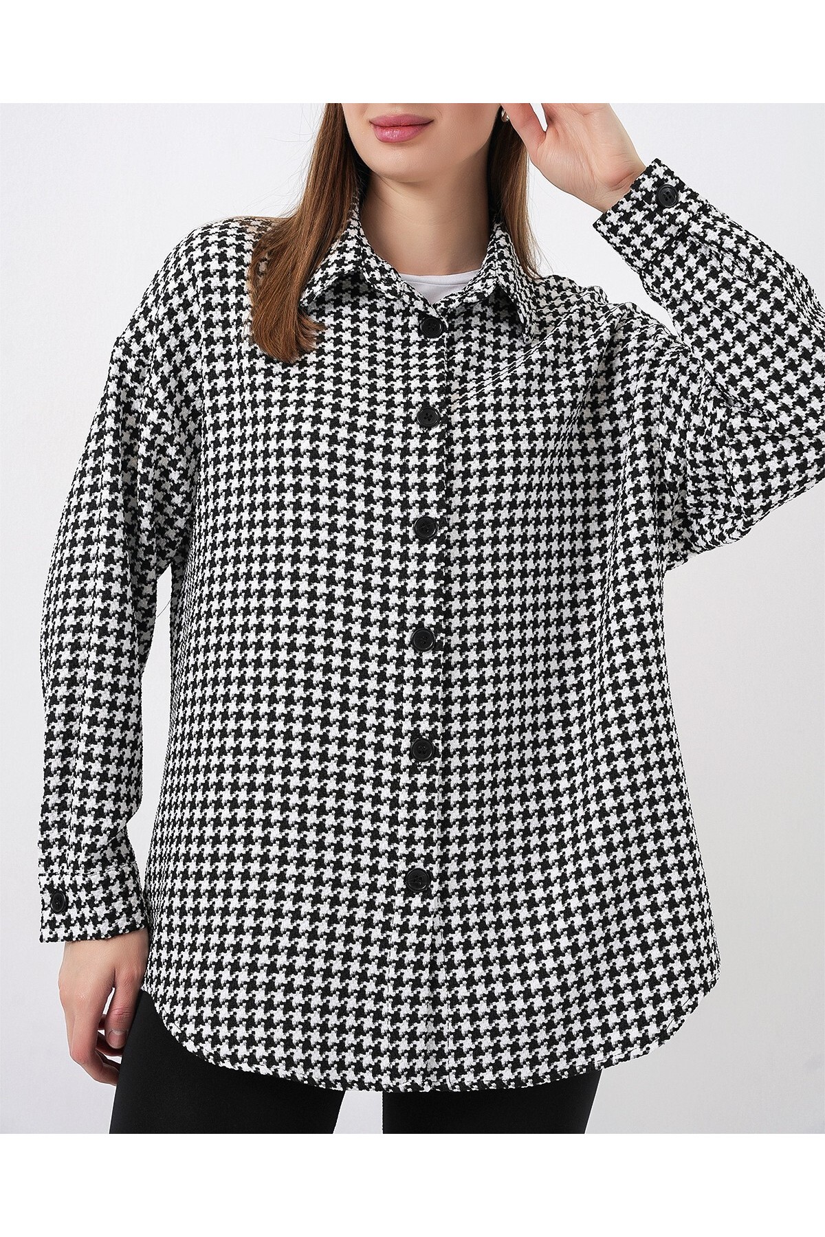Kadın Kazayağı Desen Oversize Gömlek 3854 - Siyah - Beyaz