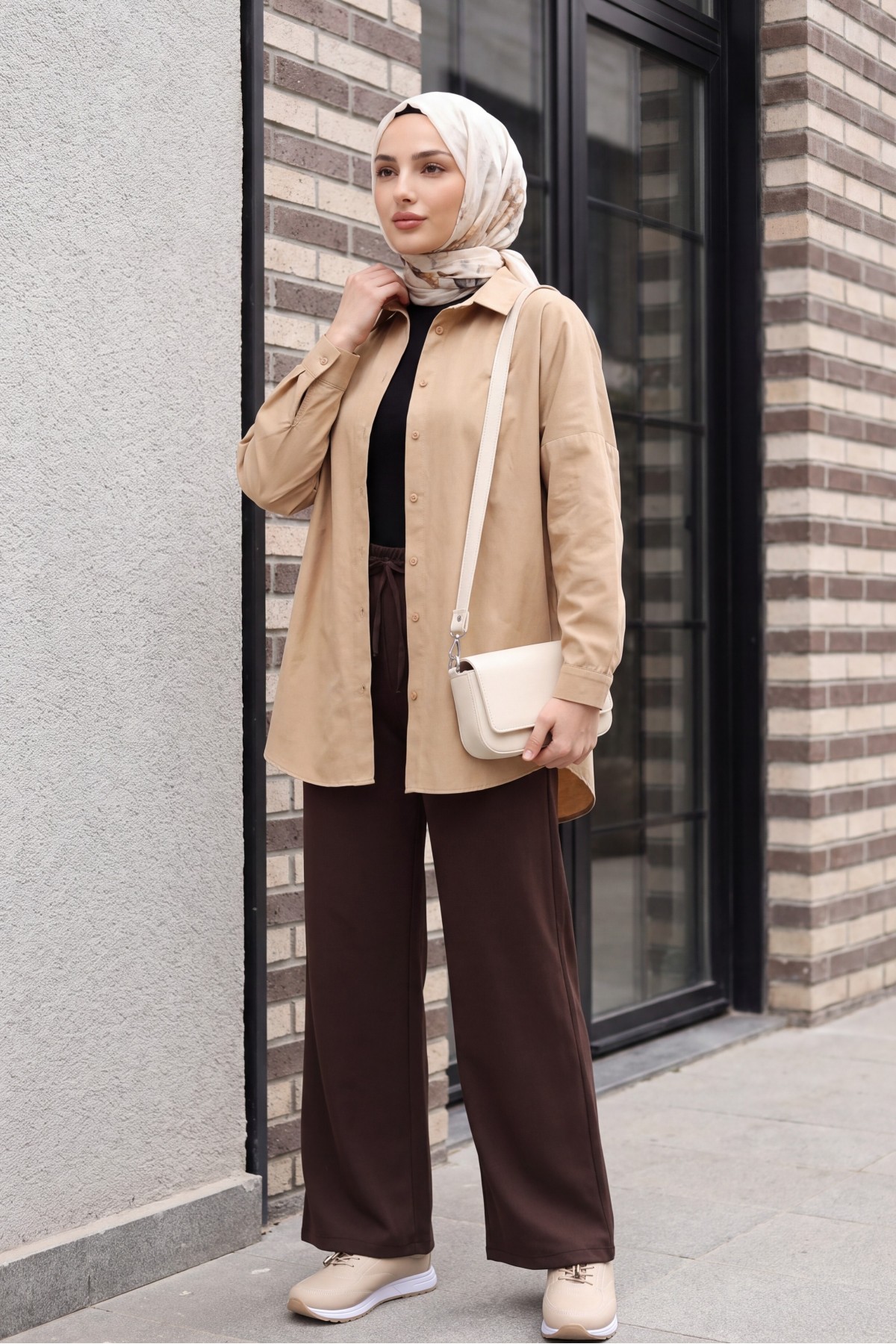 3900 Oversize Uzun Basic Gömlek - Bisküvi