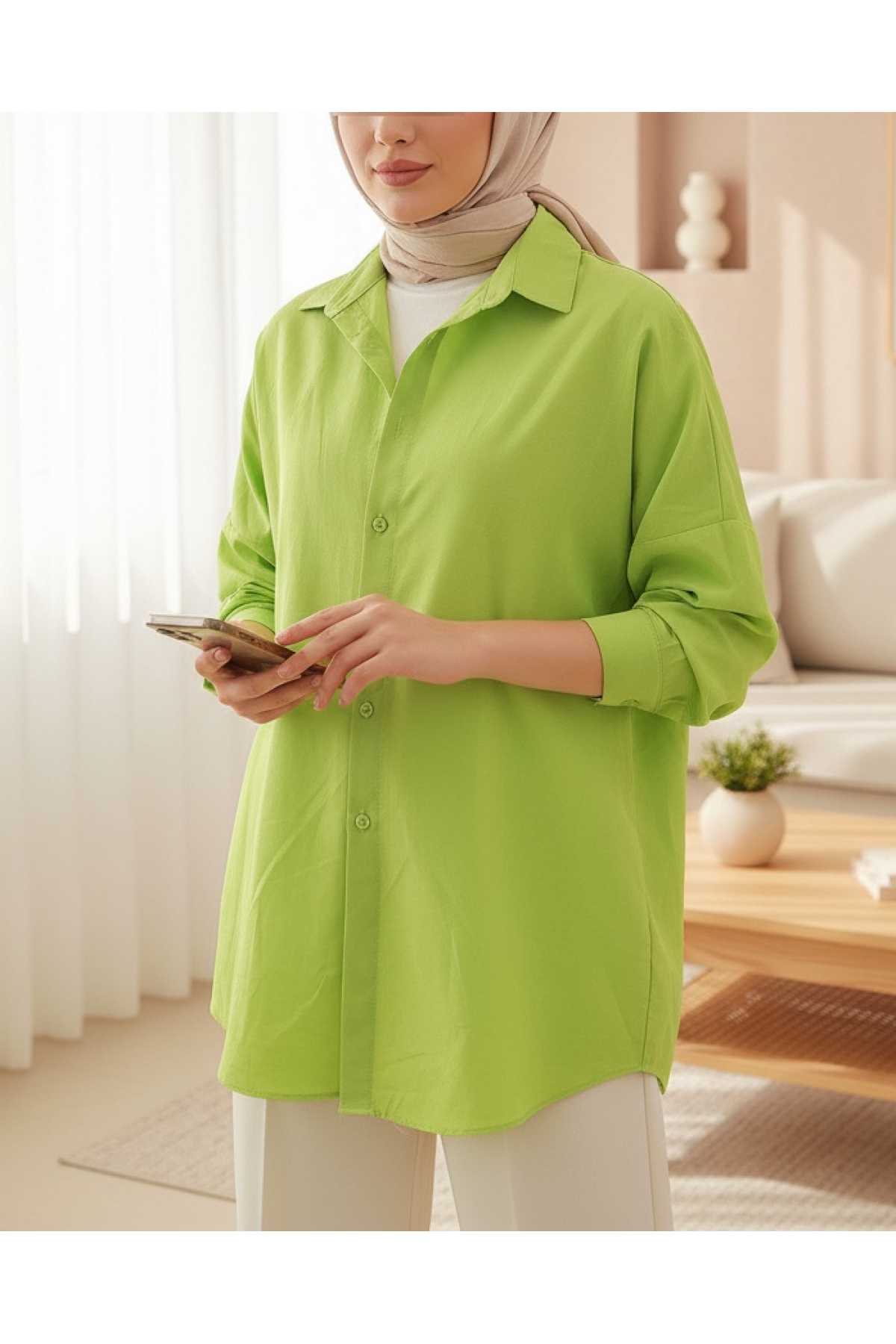 3900 Oversize Uzun Basic Gömlek - G.Yeşil