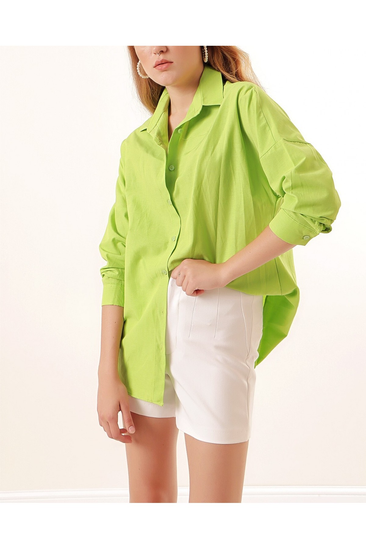 3900 Oversize Uzun Basic Gömlek - G.Yeşil