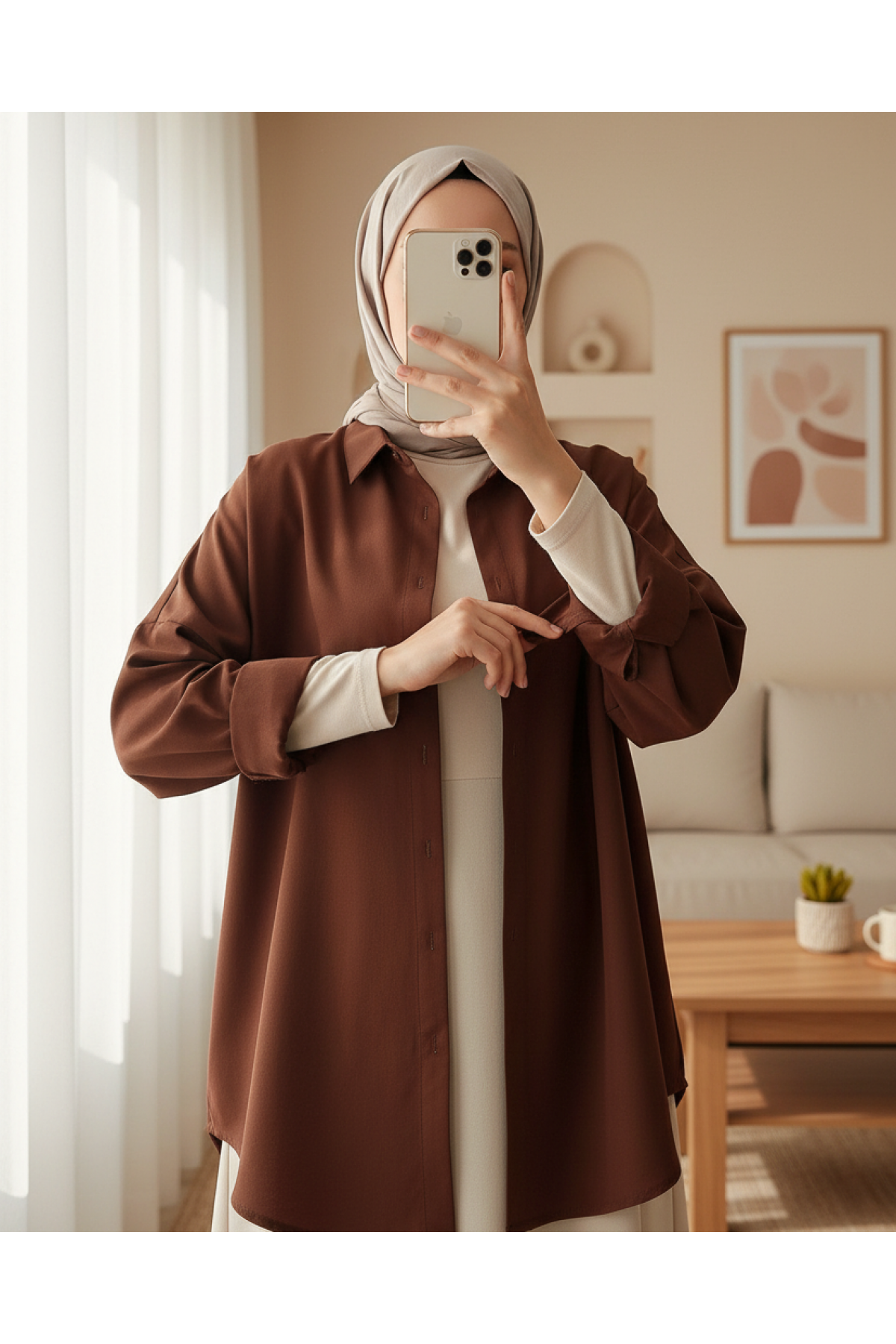 3900 Oversize Uzun Basic Gömlek - Kahverengi
