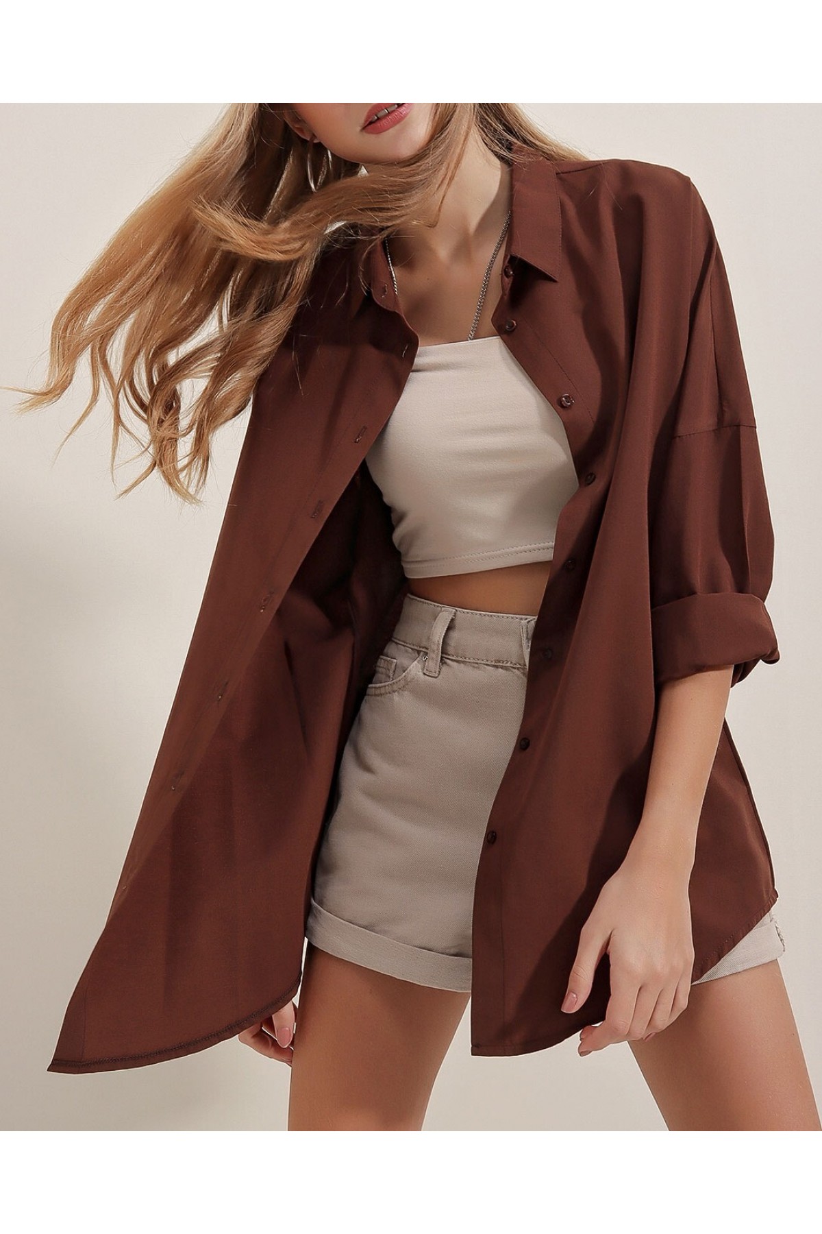 3900 Oversize Uzun Basic Gömlek - Kahverengi