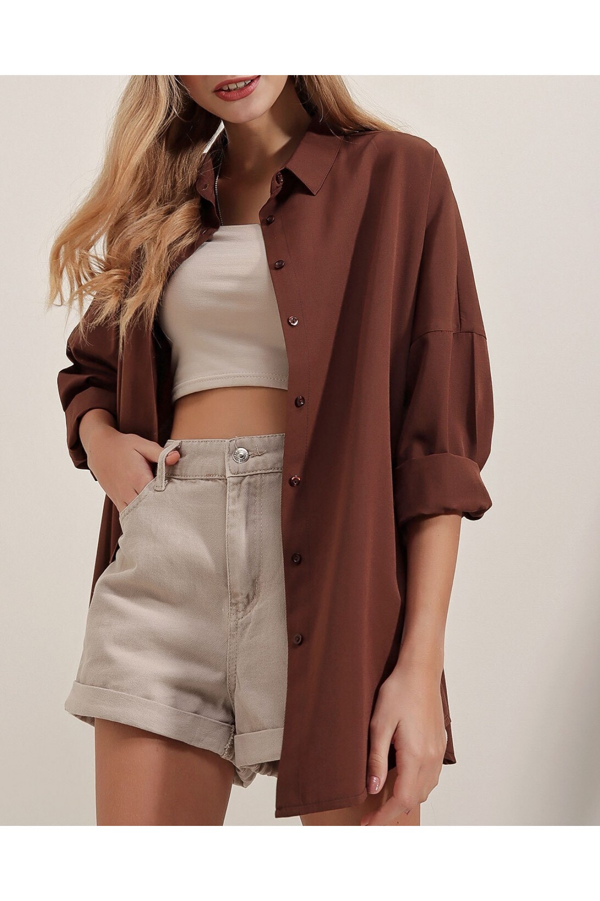 3900 Oversize Uzun Basic Gömlek - Kahverengi