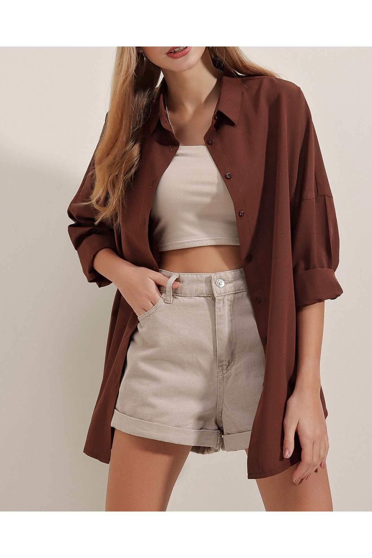 3900 Oversize Uzun Basic Gömlek - Kahverengi