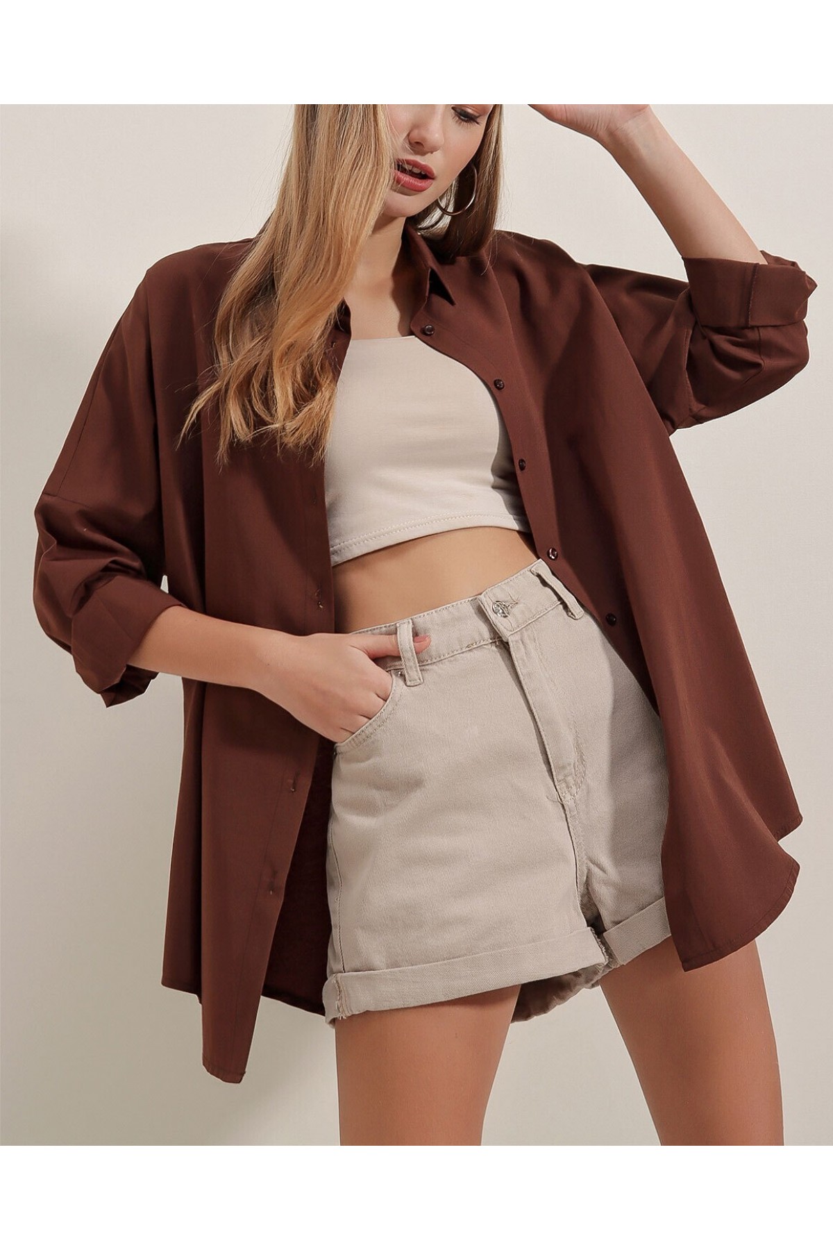 3900 Oversize Uzun Basic Gömlek - Kahverengi