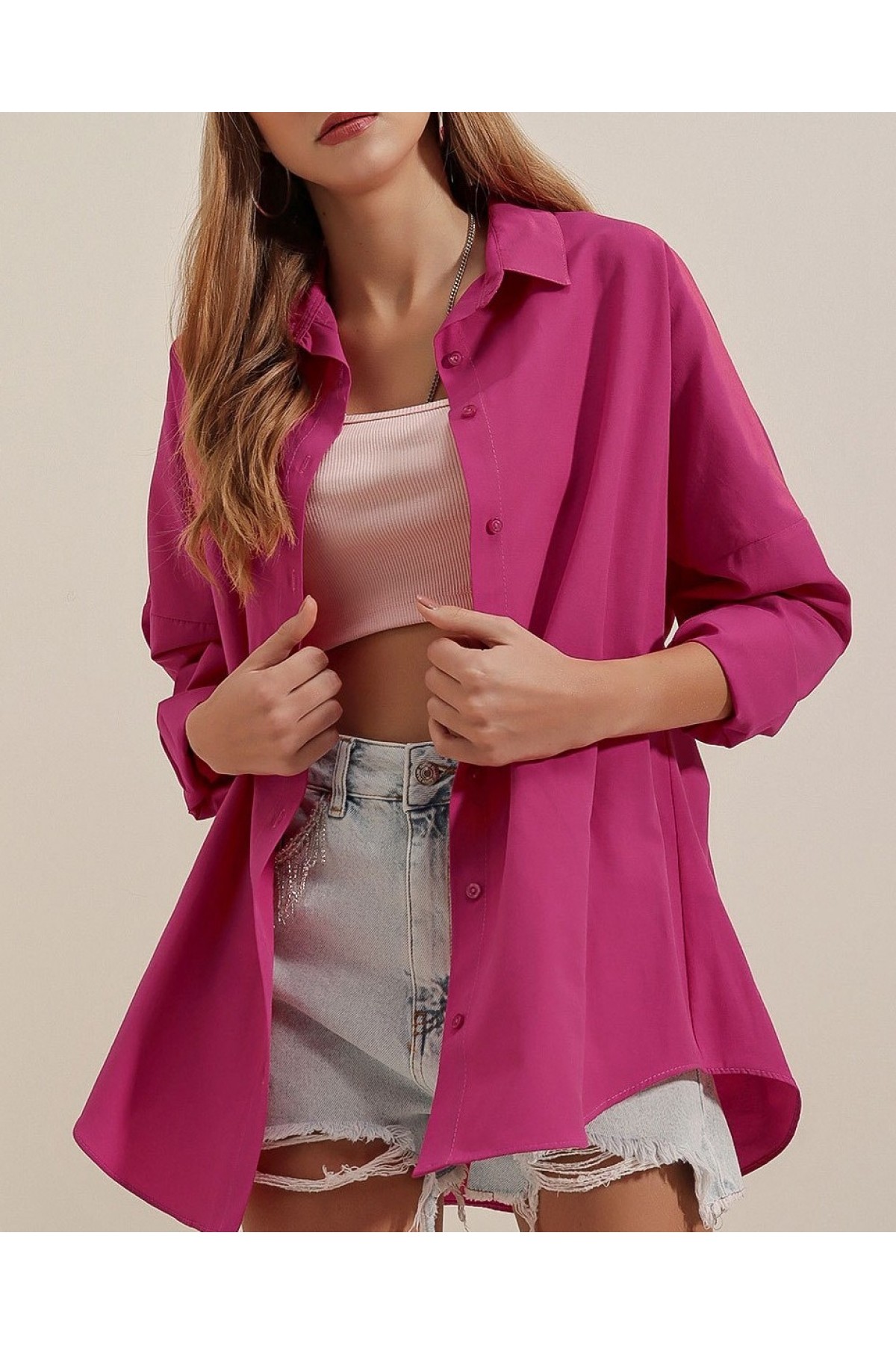 3900 Oversize Uzun Basic Gömlek - Koyu Pembe