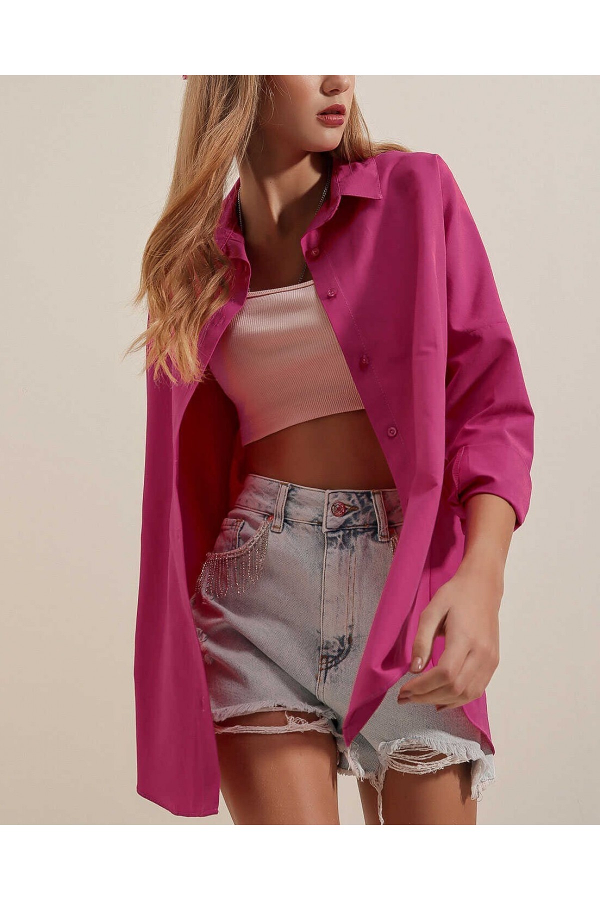 3900 Oversize Uzun Basic Gömlek - Koyu Pembe