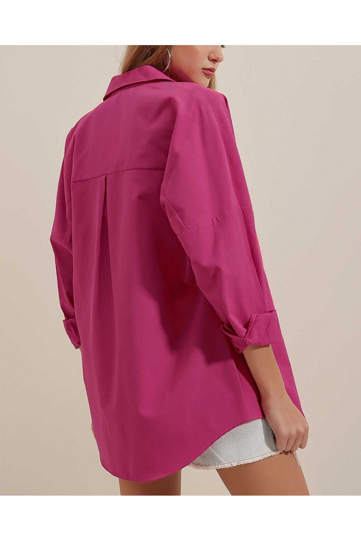 3900 Oversize Uzun Basic Gömlek - Koyu Pembe