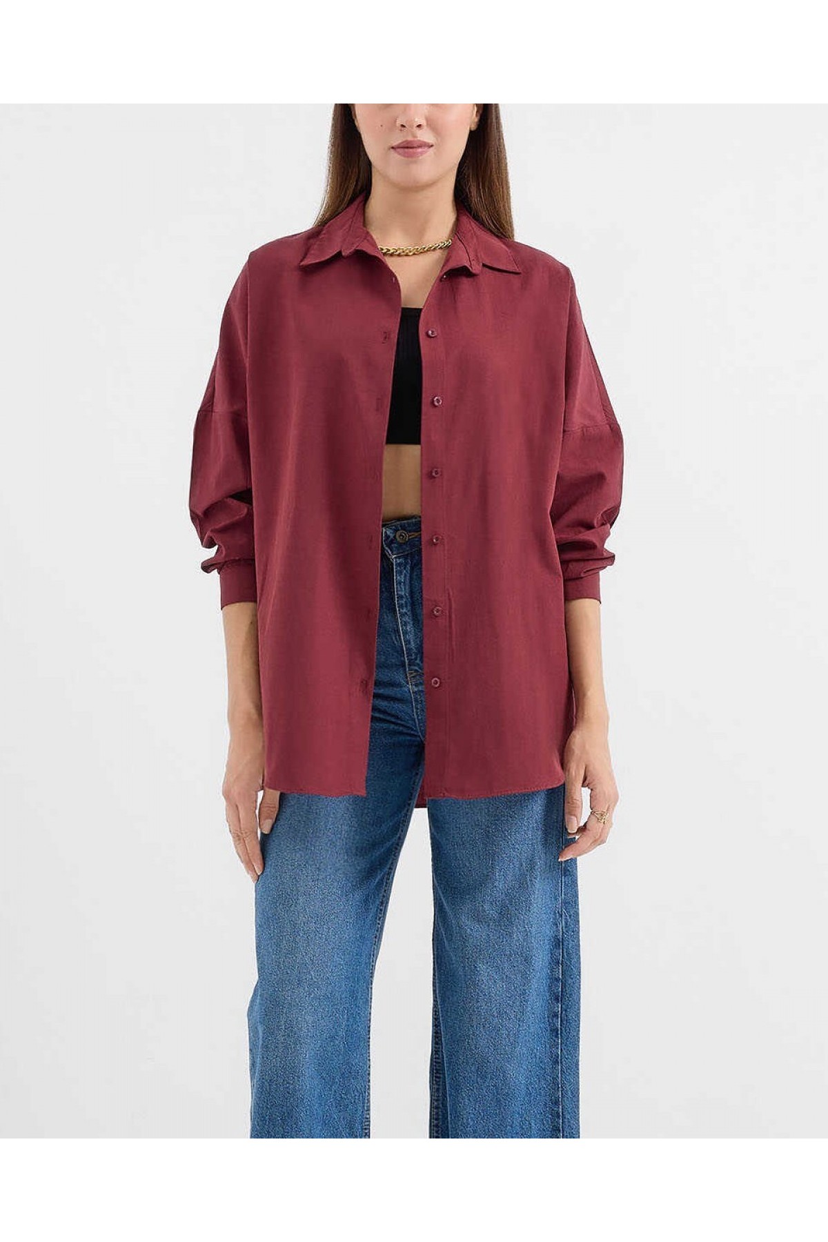 3900 Oversize Uzun Basic Gömlek - Mürdüm